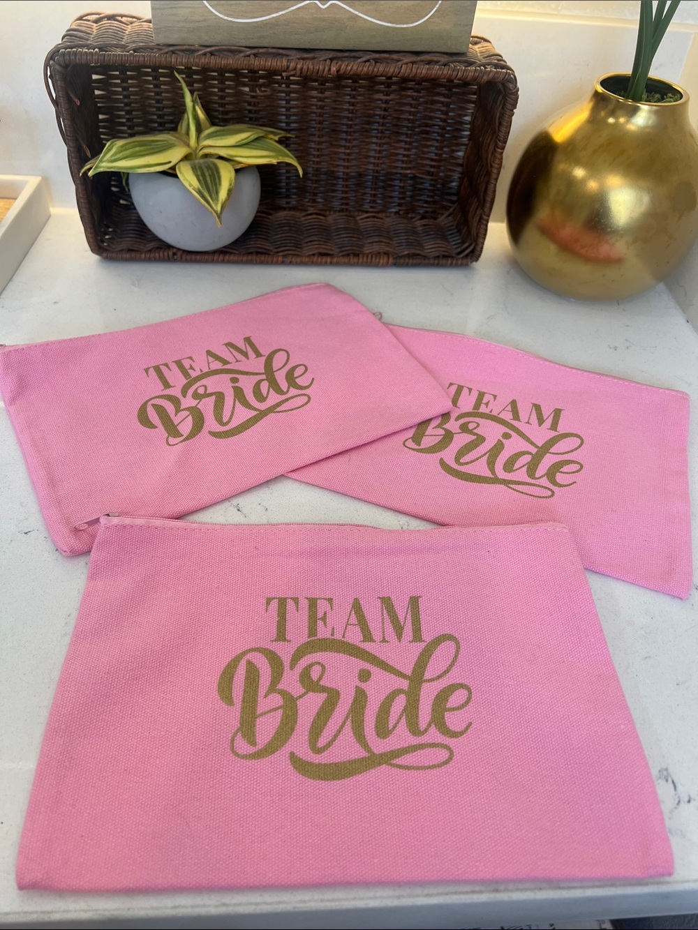 Pink "Team Bride" Bridal Party Pouch - Gold Print. Price for all 3. New